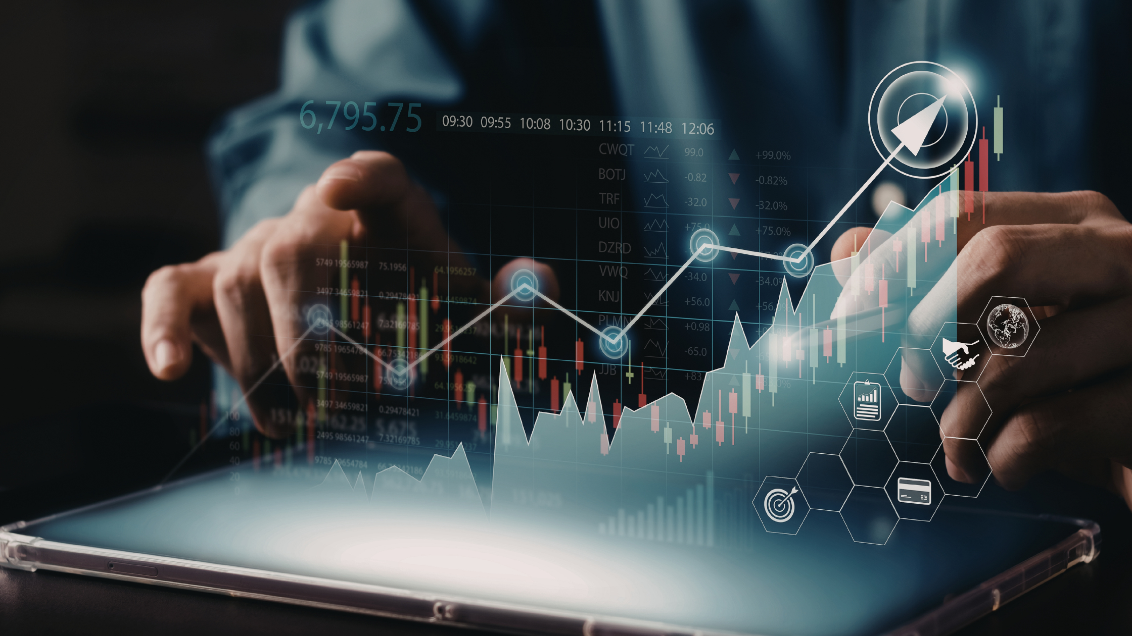 Person analyzing financial data on a tablet with digital charts and graphs, representing investment growth and financial planning.