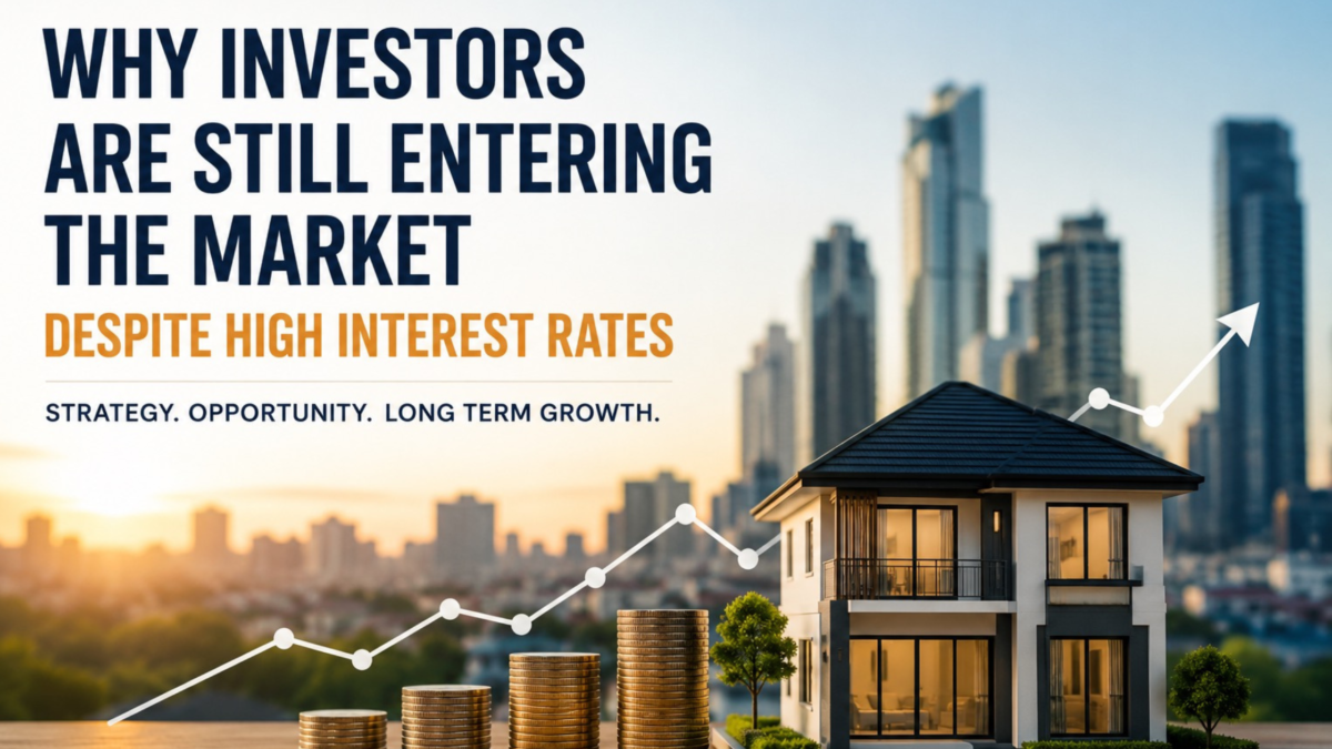 Property investment growth concept with house model, rising chart, and city skyline illustrating investors entering the market despite high interest rates in Australia