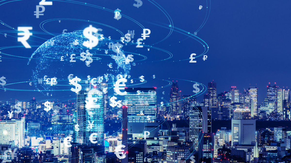 Digital finance and global investment concept featuring currency symbols over a modern city skyline, representing financial markets, economic trends, fintech, and international investment opportunities.