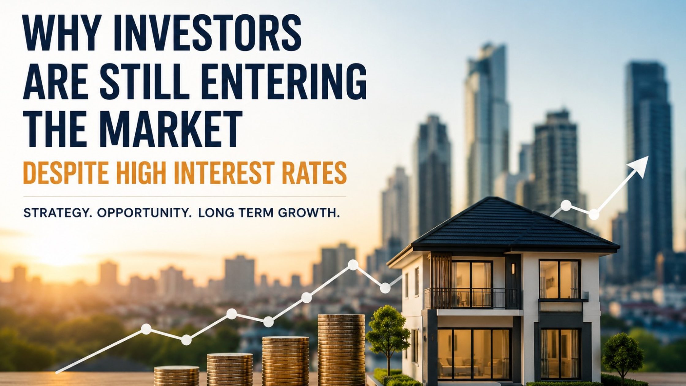 Property investment growth concept with house model, rising chart, and city skyline illustrating investors entering the market despite high interest rates in Australia