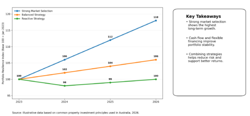 Infographic-style line chart showing how strong property investment strategies outperform reactive approaches in the Australian property market from 2023 to 2026.