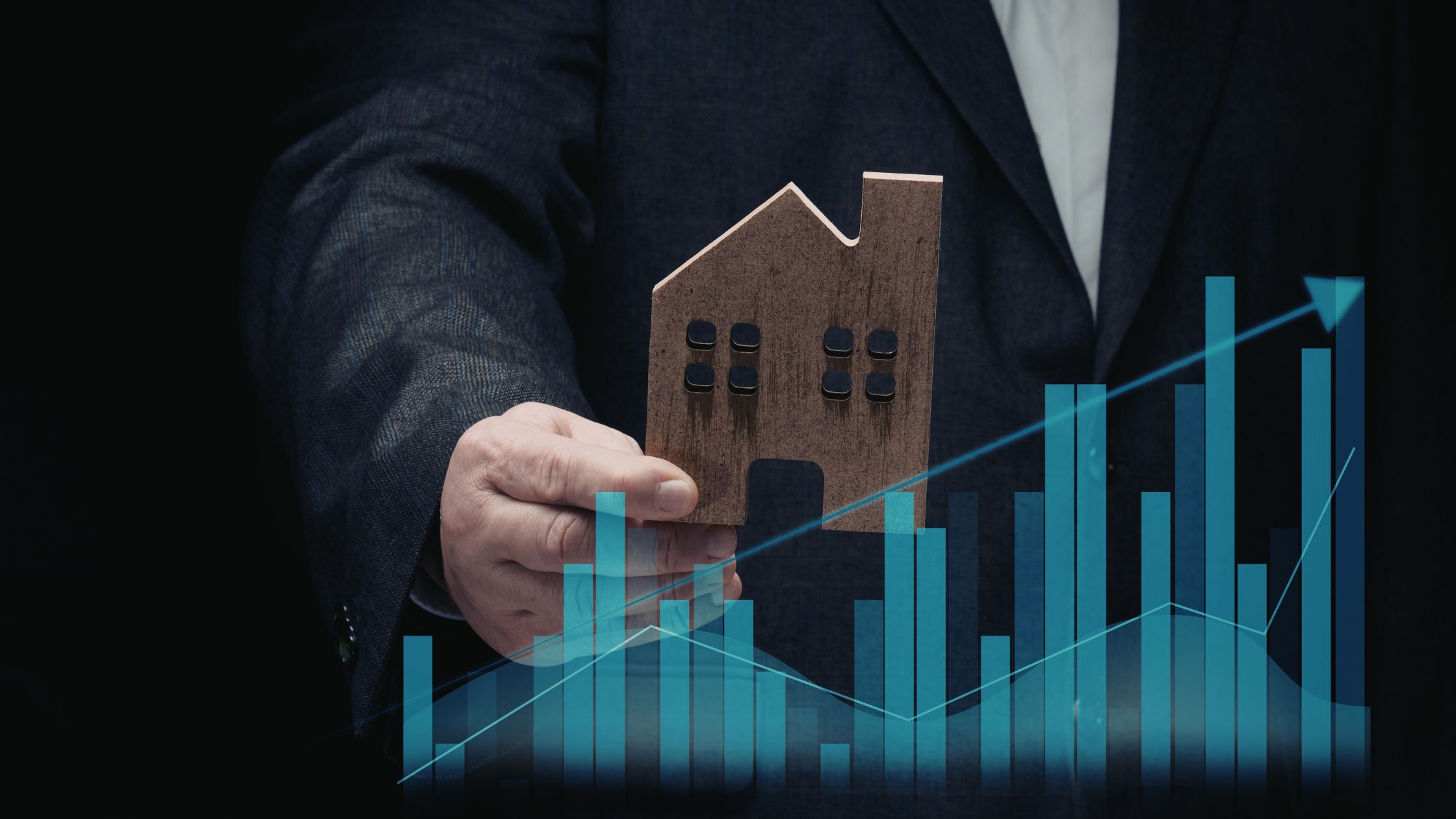 Property investor holding a house model with rising bar chart overlay, representing Australian property market growth, buyer demand, investment opportunities, and real estate performance trends.