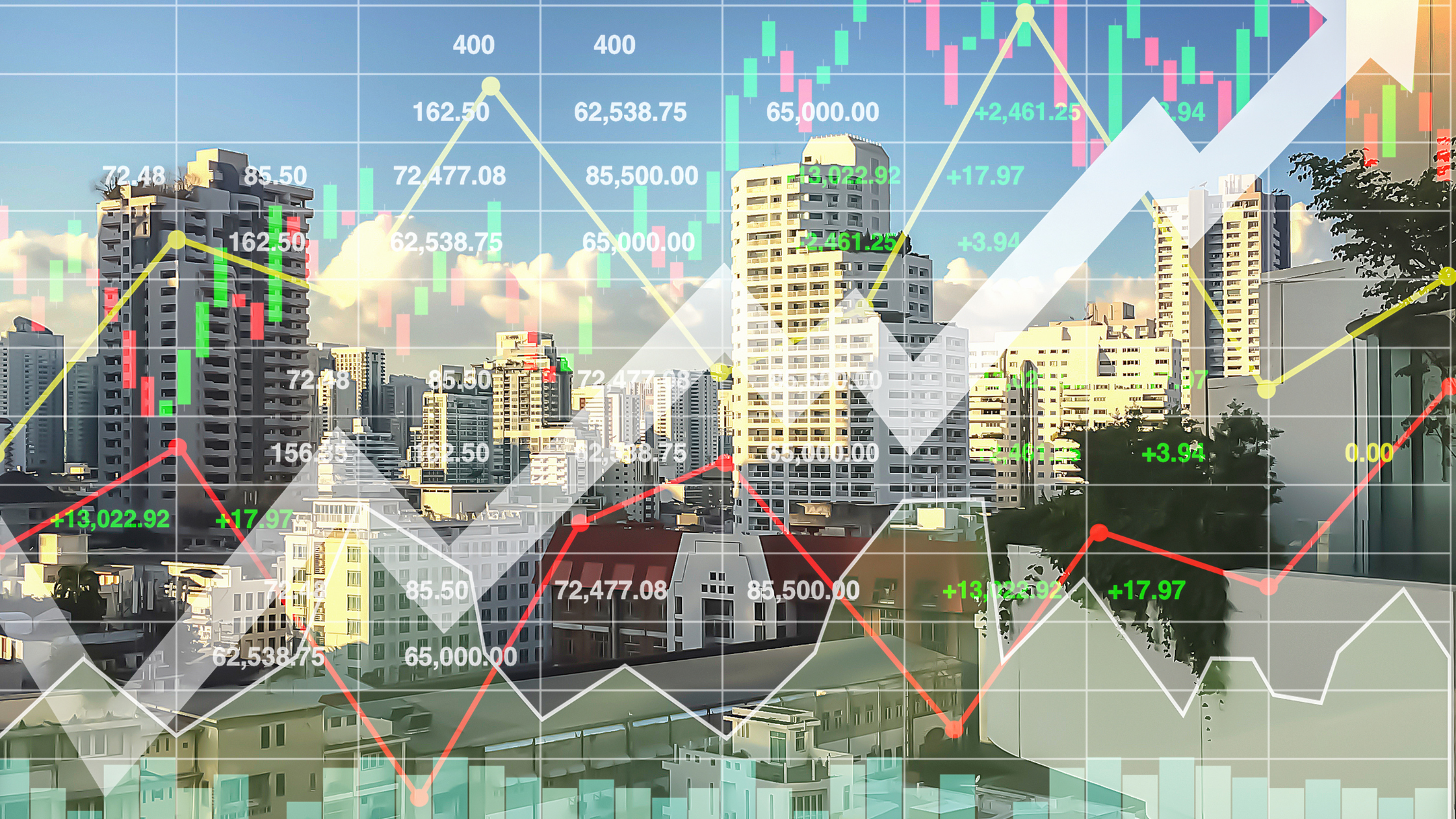 Australian city skyline with property market charts, financial data, and growth indicators overlayed, representing rental demand, property investment trends, and real estate market performance in Australia.