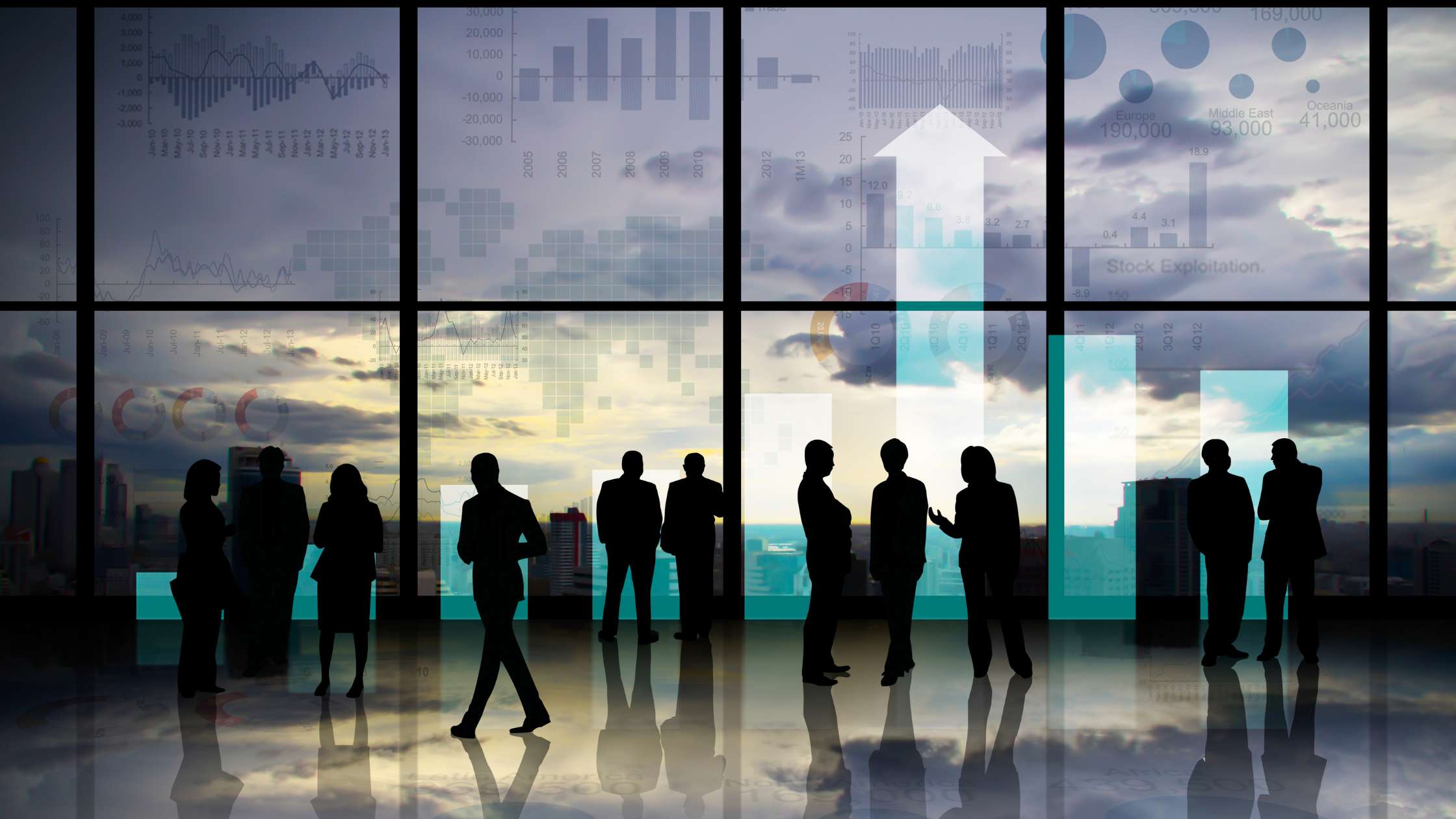 Silhouettes of people overlooking a modern city skyline with property market charts and upward trend graphics, representing Australian population movement, property investment opportunities, migration trends, and real estate market growth.