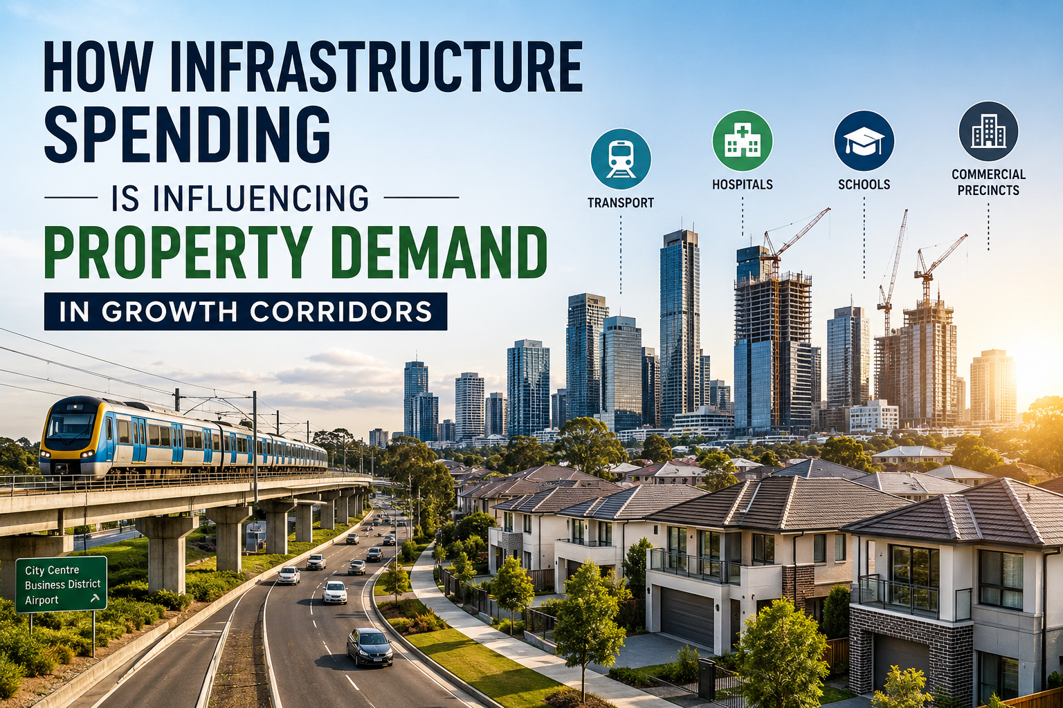 Modern residential homes, transport infrastructure, and high-rise developments in an Australian growth corridor, illustrating how infrastructure investment is driving property demand, population growth, and real estate opportunities.