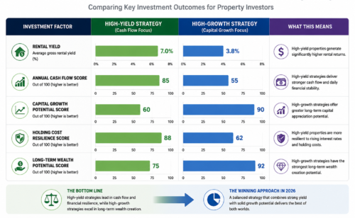 Comparison chart showing high-yield and high-growth property investment strategies in Australia for 2026, highlighting differences in rental yield, cash flow, capital growth potential, holding cost resilience, and long-term wealth creation.