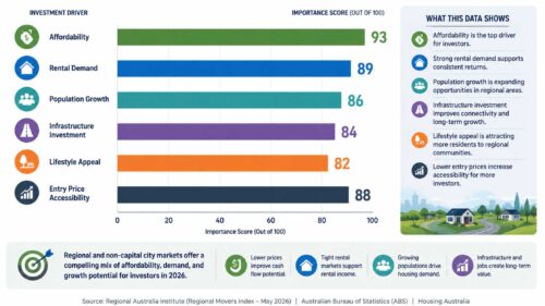 This graph highlights the key factors attracting investors to regional and non-capital city property markets in 2026.