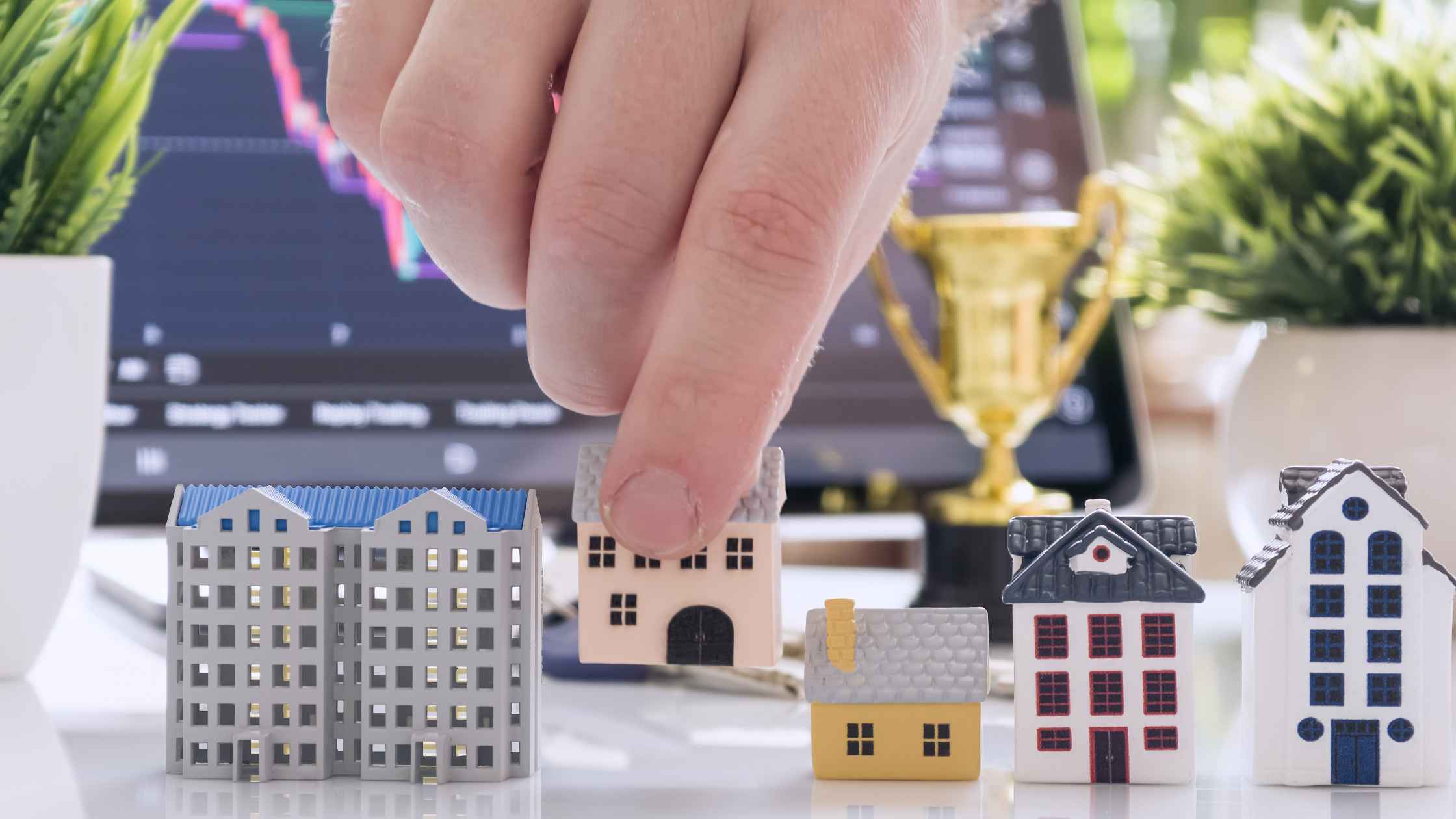 Investor placing a house model on stacked coins to represent average return on property investment in Australia