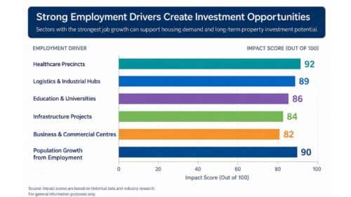 Strong employment drivers create investment opportunities, showing the impact of healthcare precincts, logistics and industrial hubs, education, infrastructure, business centres and employment-led population growth.