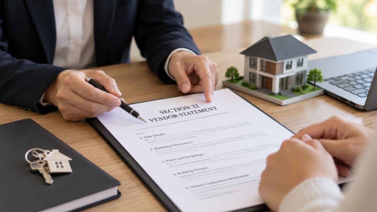 Property consultant reviewing a Section 32 vendor statement with a buyer, alongside a model house, laptop and property keys