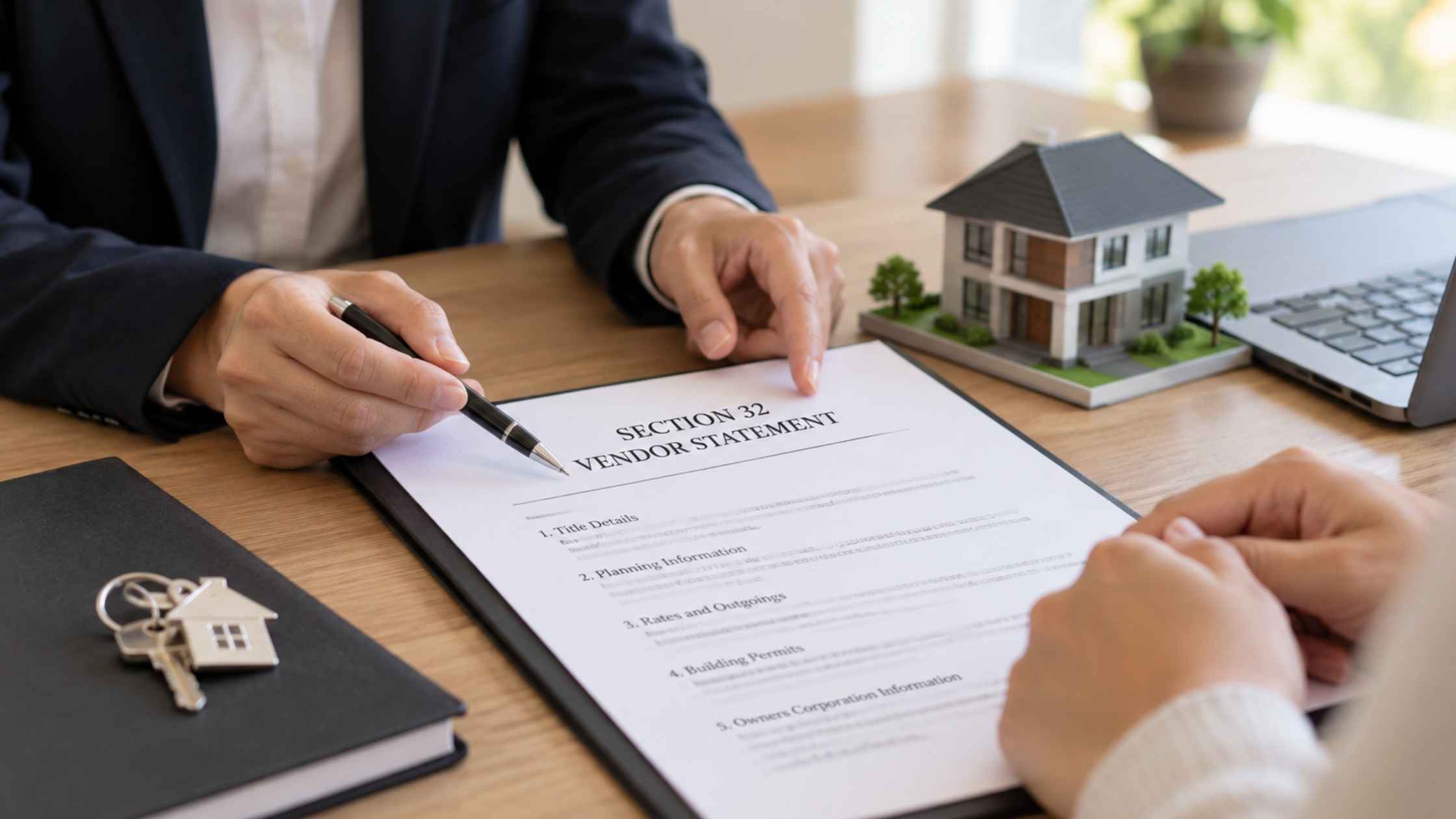 Property consultant reviewing a Section 32 vendor statement with a buyer, alongside a model house, laptop and property keys