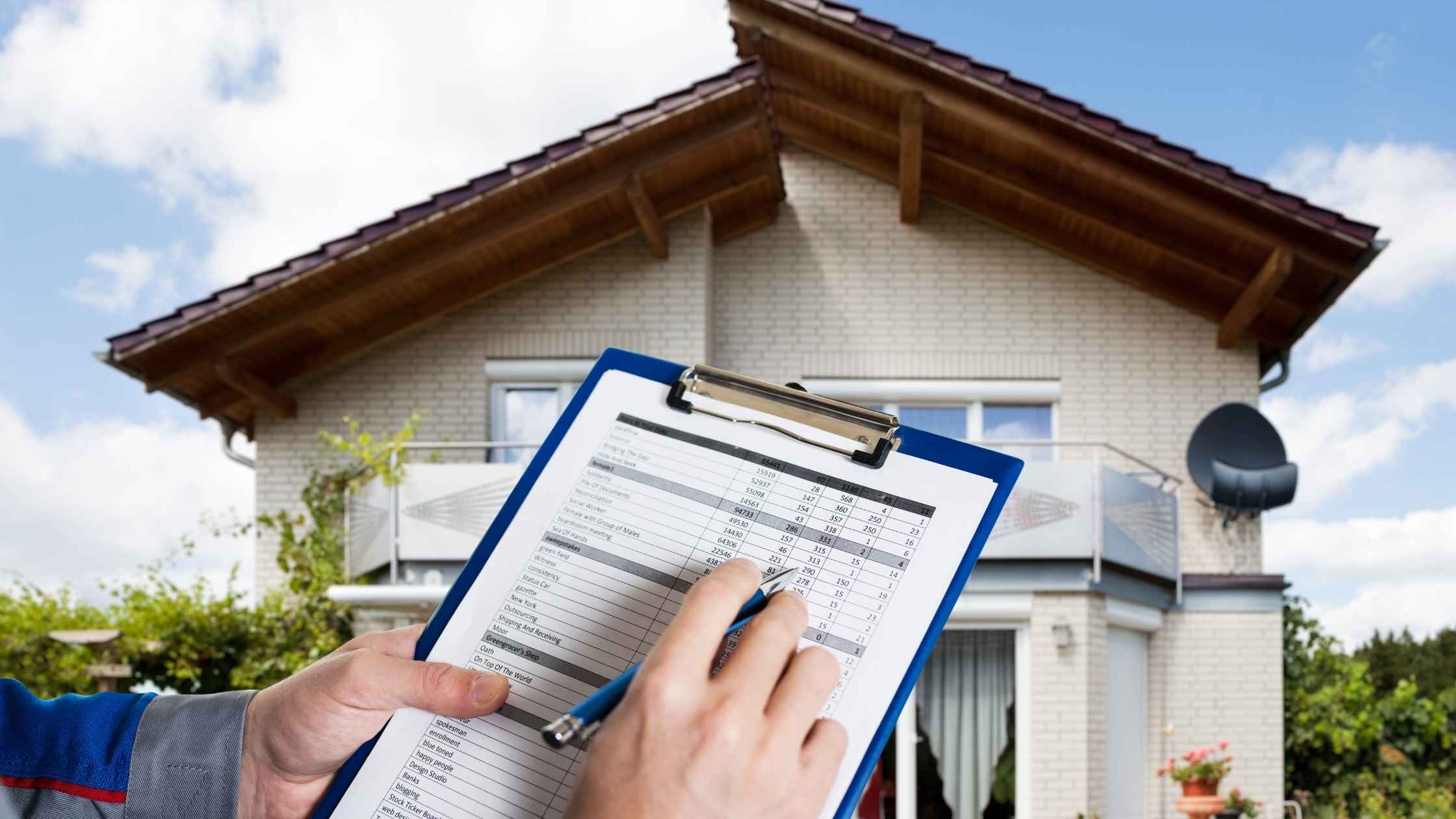 Property inspector reviewing a checklist and cost estimates in front of a residential property.